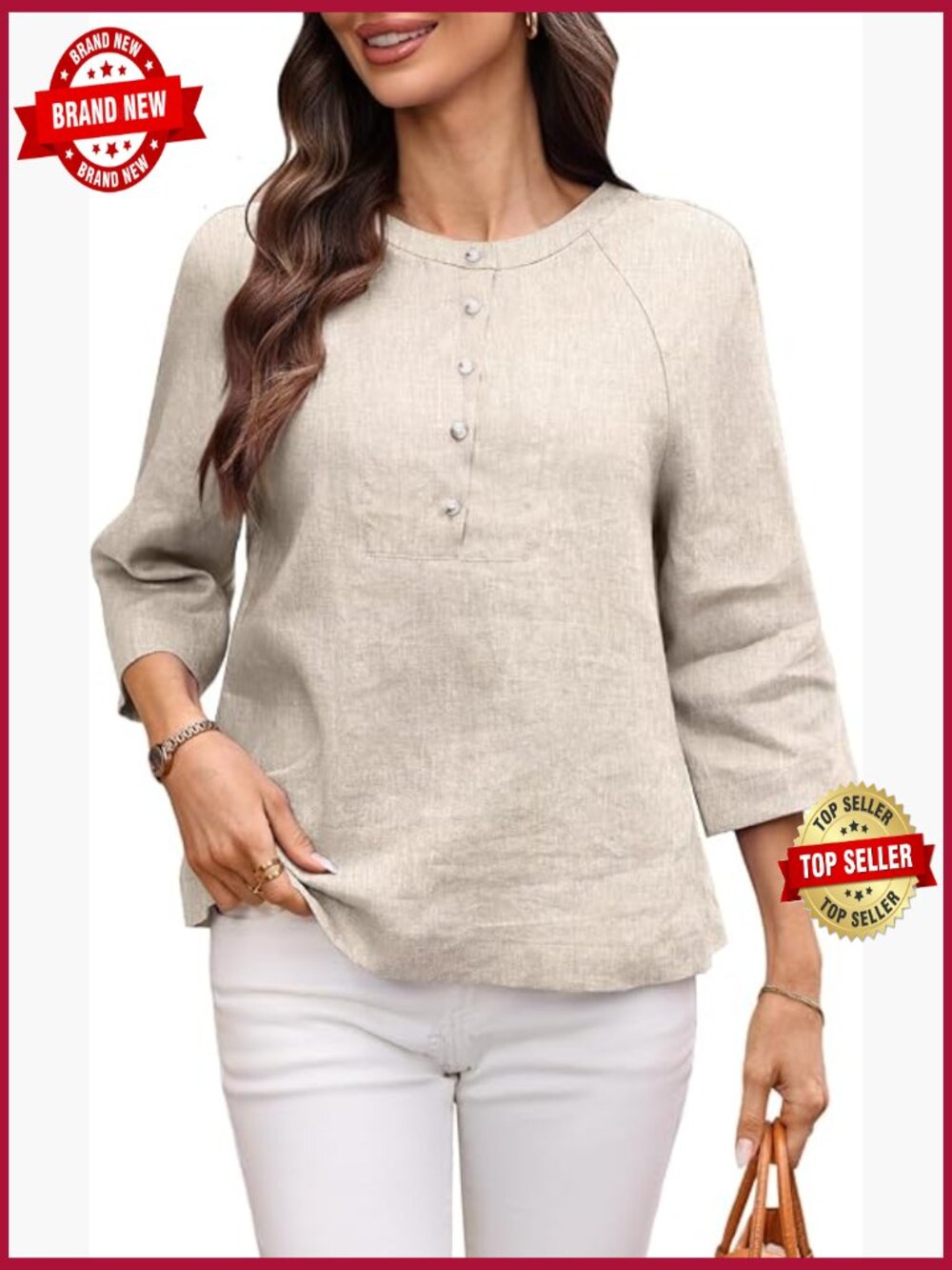 100% Linen Henley 3/4 Sleeve Blouse Button Down Casual Summer Top